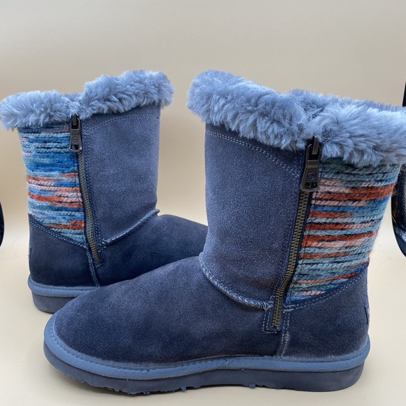 Lamo Shoes - Lamo Women's Suede Fur Lined Mid Calf Boots Blue US 9 Zipper Winter